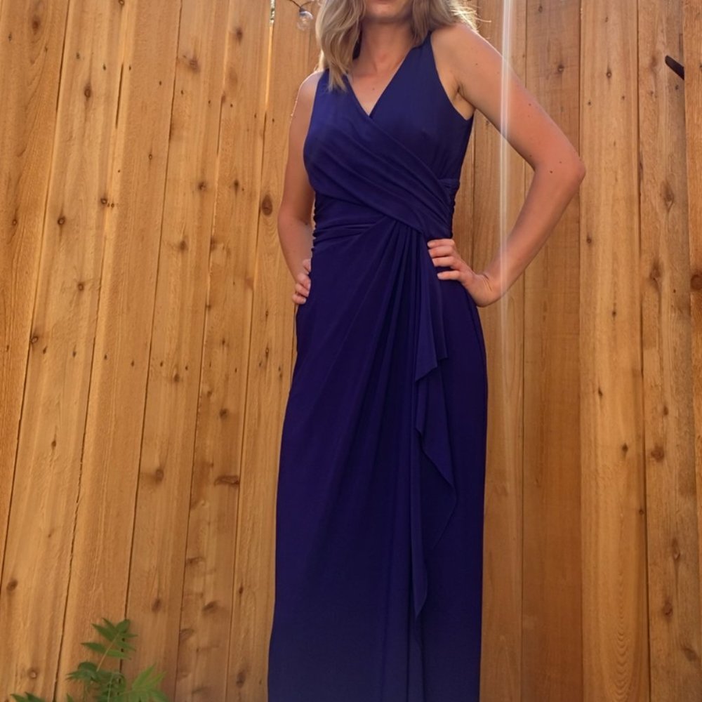 Formal Long Navy Blue Dress w/ V Neck & Cinched Ruffled Waist